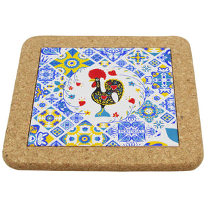 Portuguese Cork & Ceramic Tile Trivet with Azulejo Rooster Design