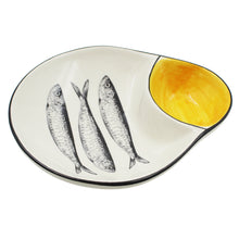 Load image into Gallery viewer, Portuguese Ceramic Olive Dish with Sardine Design and Pit Holder - Yellow
