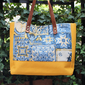 Praceta Lisboa Yellow Canvas Tote Bag with Blue Azulejo Tile Design and Leather Straps