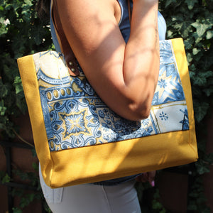 Praceta Lisboa Yellow Canvas Tote Bag with Blue Azulejo Tile Design and Leather Straps