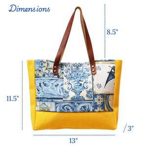 Praceta Lisboa Yellow Canvas Tote Bag with Blue Azulejo Tile Design and Leather Straps