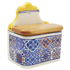 Portuguese Azulejo Ceramic Salt Holder with Pointed Top and Wooden Lid, Yellow