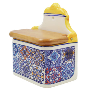 Portuguese Azulejo Ceramic Salt Holder with Pointed Top and Wooden Lid, Yellow