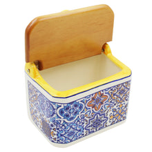 Load image into Gallery viewer, Portuguese Azulejo Ceramic Salt Holder with Pointed Top and Wooden Lid, Yellow
