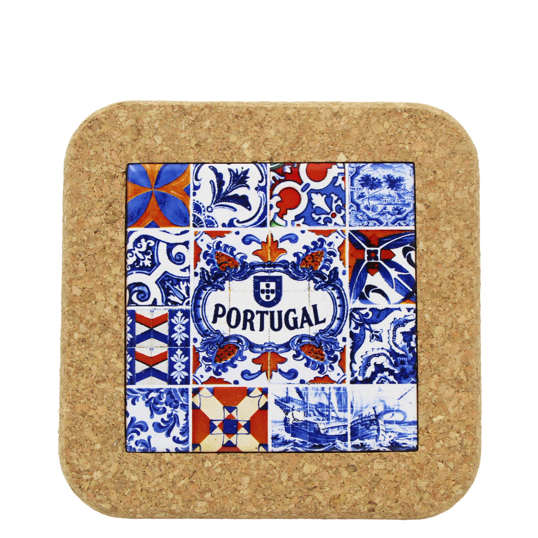 Small Tile & Cork Trivet - Azulejo Portugal Design, Blue & White with Orange Accents