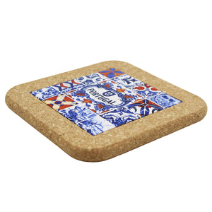 Small Tile & Cork Trivet - Azulejo Portugal Design, Blue & White with Orange Accents