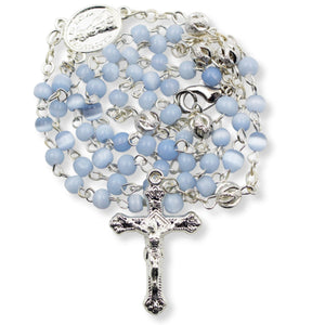 Our Lady of Fatima Rosary with Light Blue Beads, Medallion, and Case