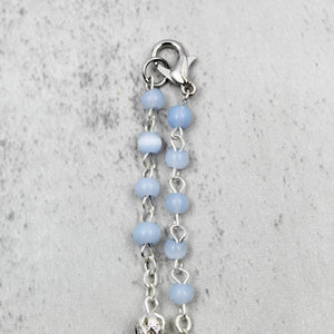 Our Lady of Fatima Rosary with Light Blue Beads, Medallion, and Case