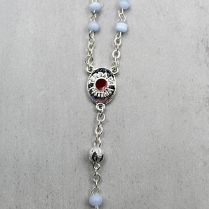 Our Lady of Fatima Rosary with Light Blue Beads, Medallion, and Case