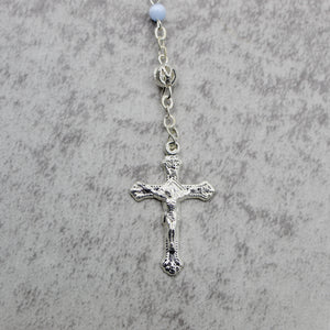 Our Lady of Fatima Rosary with Light Blue Beads, Medallion, and Case