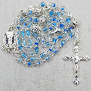 Our Lady of Fatima Rosary with Clear & Blue Beads, Medallion, and Case