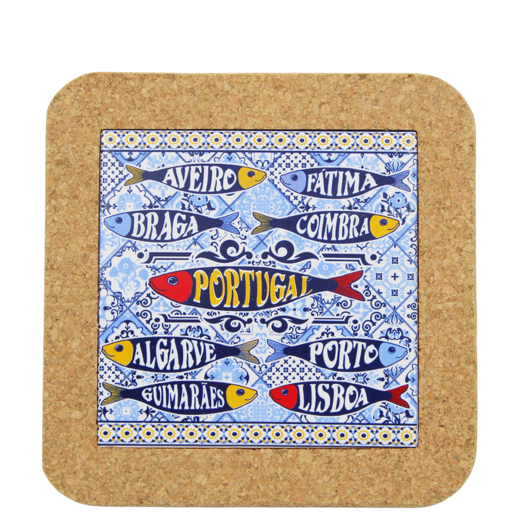 Portuguese Cork & Ceramic Tile Small Trivet with Sardine and City Names Design