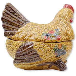 Hand-Painted Ceramic Hen Covered Dish with Lid - Made in Portugal, Farmhouse Style