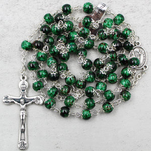 Our Lady of Fatima Rosary with Emerald Green Beads, Medallion, and Case