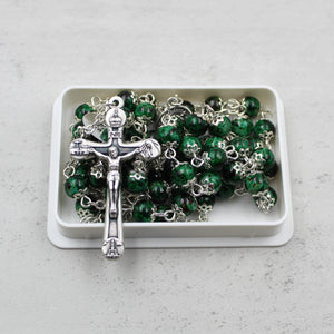 Our Lady of Fatima Rosary with Emerald Green Beads, Medallion, and Case