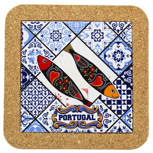 Portuguese Sardine Tile & Cork Trivet - Azulejo Pattern Blue & White