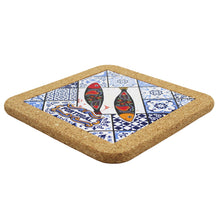 Load image into Gallery viewer, Portuguese Sardine Tile &amp; Cork Trivet - Azulejo Pattern Blue &amp; White
