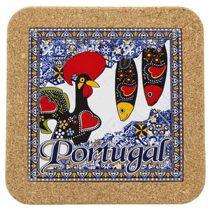 Portuguese Rooster & Sardine Tile & Cork Trivet - Azulejo Pattern Blue & White