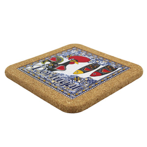 Portuguese Rooster & Sardine Tile & Cork Trivet - Azulejo Pattern Blue & White