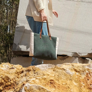 Green Canvas Tote Bag with Leather Straps and Beige Floral Side Accents - Made in Portugal