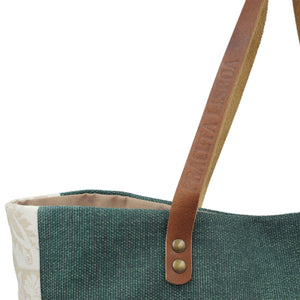 Green Canvas Tote Bag with Leather Straps and Beige Floral Side Accents - Made in Portugal