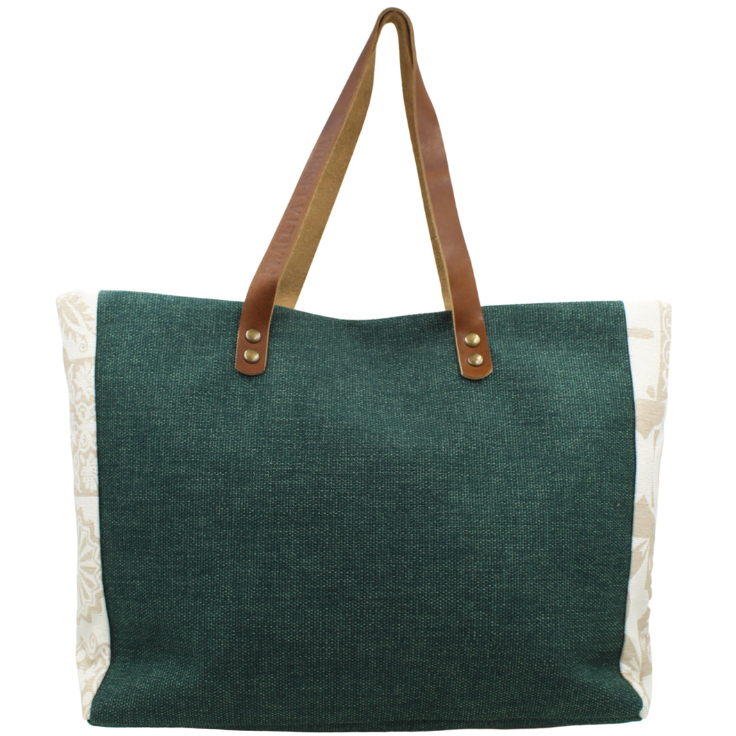 Green Canvas Tote Bag with Leather Straps and Beige Floral Side Accents - Made in Portugal