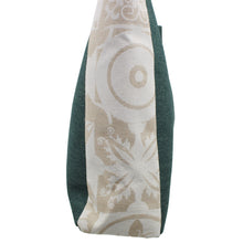 Load image into Gallery viewer, Green Canvas Tote Bag with Leather Straps and Beige Floral Side Accents - Made in Portugal
