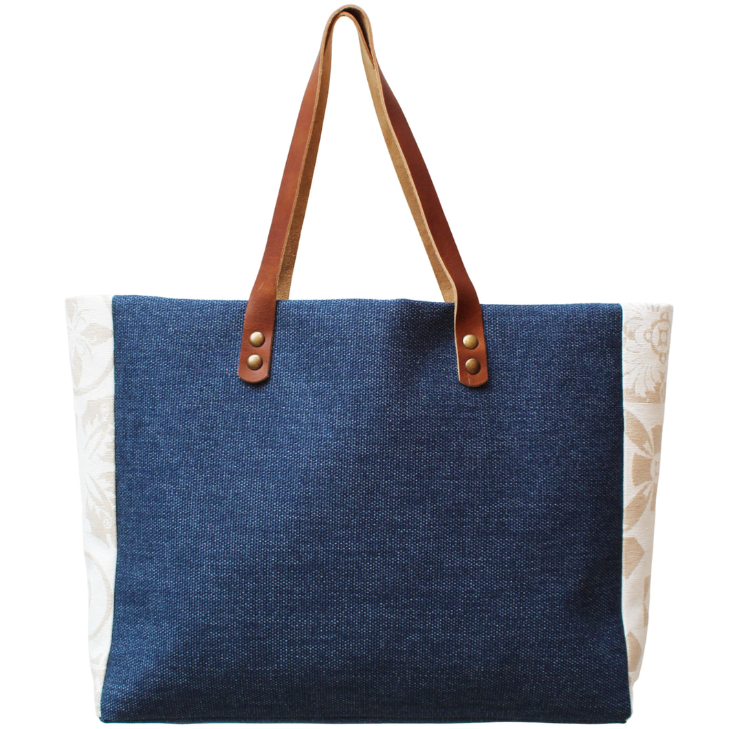 Praceta Lisboa Blue Canvas Tote Bag with Cream Azulejo Tile Design and Leather Straps