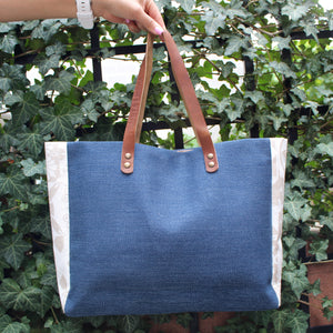 Praceta Lisboa Blue Canvas Tote Bag with Cream Azulejo Tile Design and Leather Straps