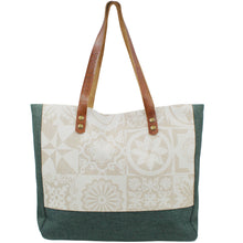 Load image into Gallery viewer, Canvas Tote Bag with Beige Azulejo Tile Pattern, Green Bottom, and Leather Straps
