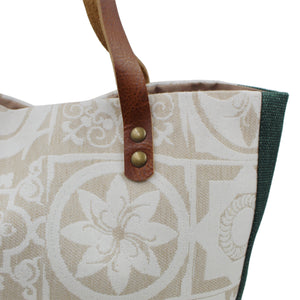 Canvas Tote Bag with Beige Azulejo Tile Pattern, Green Bottom, and Leather Straps