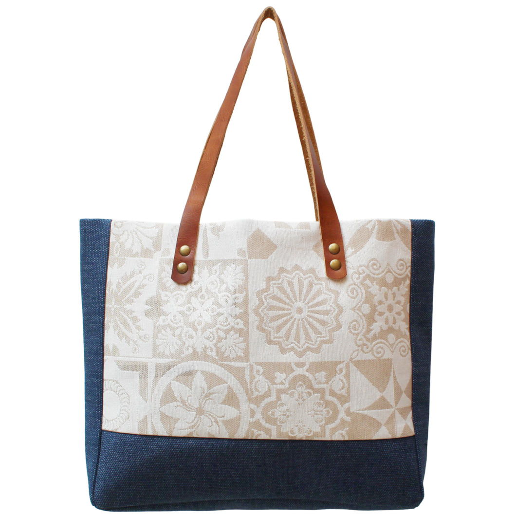 Praceta Lisboa Blue Canvas Tote Bag with Cream Azulejo Tile Design and Leather Straps