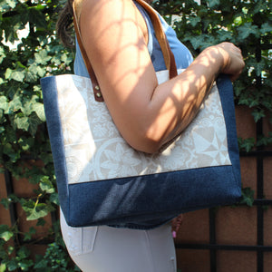 Praceta Lisboa Blue Canvas Tote Bag with Cream Azulejo Tile Design and Leather Straps