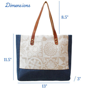 Praceta Lisboa Blue Canvas Tote Bag with Cream Azulejo Tile Design and Leather Straps