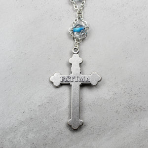 Our Lady of Fatima Rosary with Clear & Blue Beads, Medallion, and Case