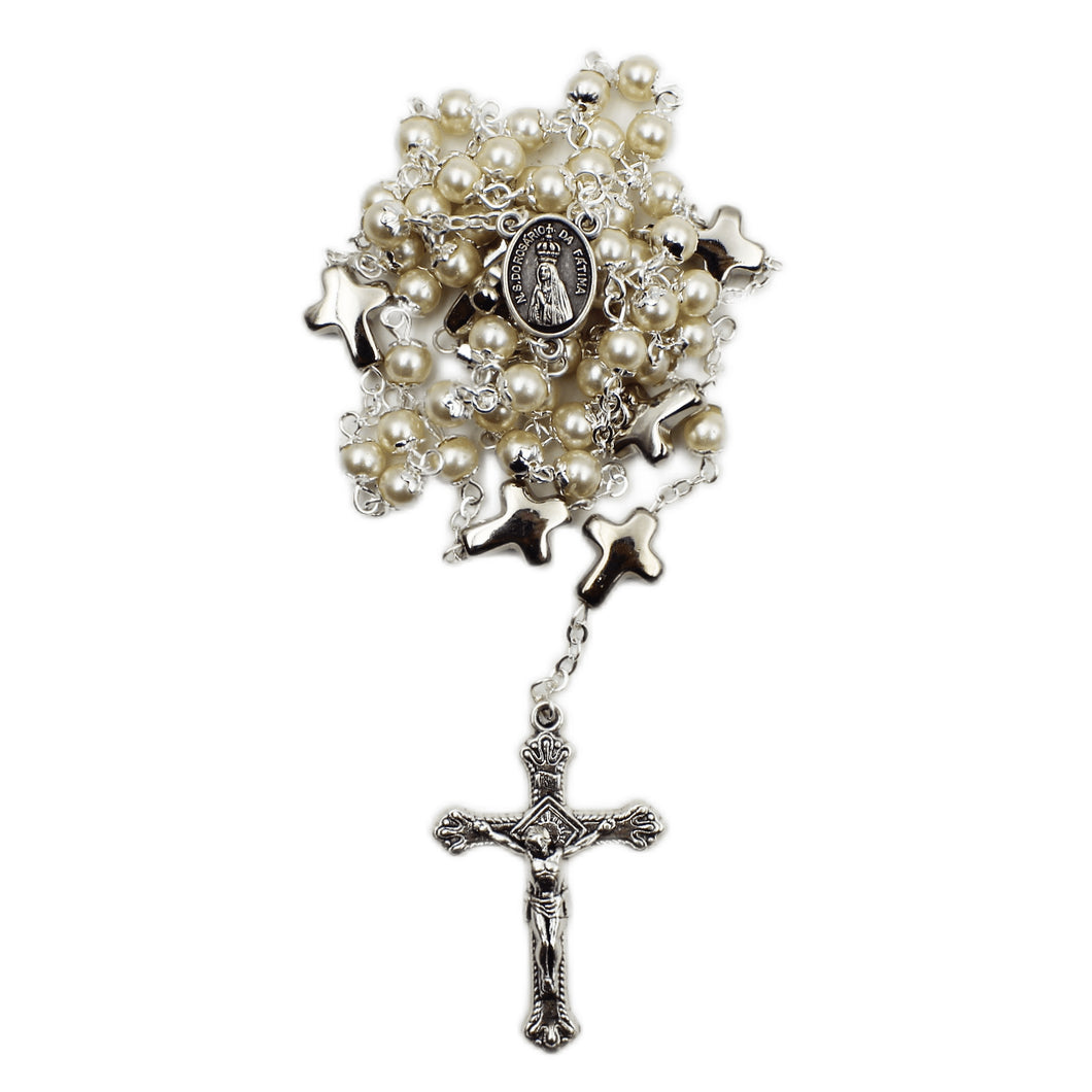 Our Lady of Fatima Made in Portugal Ivory Pearl Rosary with Mini Cross