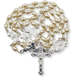 Our Lady of Fatima Rosary with Cream Oval Beads, Medallion, and Case