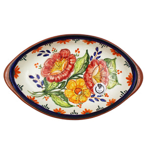 Hand-Painted Portuguese Pottery Clay Terracotta Floral Boat Platter