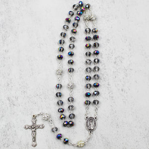 Our Lady of Fatima Rosary with Iridescent Glass Beads and Case