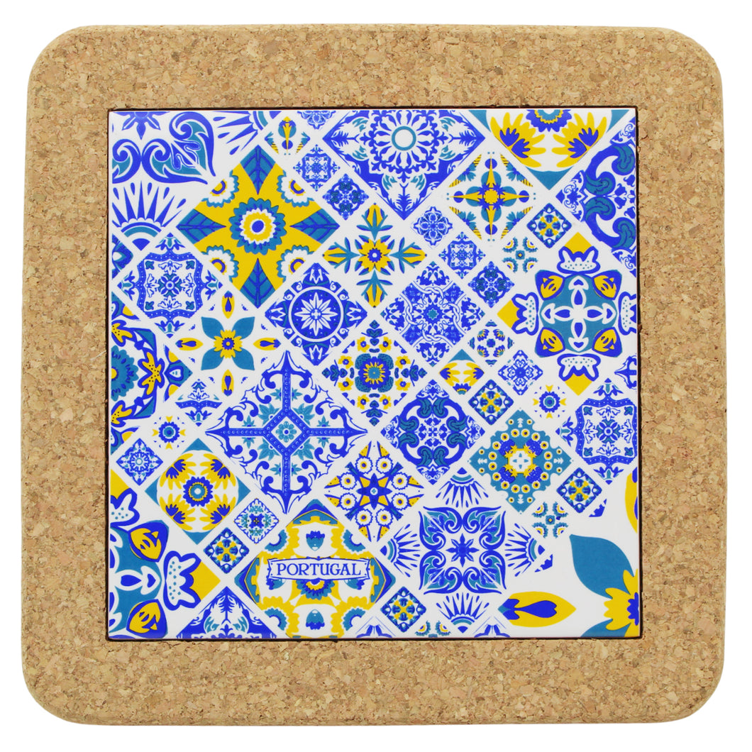 Portuguese Cork & Ceramic Tile Trivet with Blue and Yellow Azulejo Design