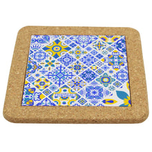 Load image into Gallery viewer, Portuguese Cork &amp; Ceramic Tile Trivet with Blue and Yellow Azulejo Design
