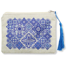 Load image into Gallery viewer, Portuguese Burlap Pouch with Blue Azulejo Tile Design and Blue Tassel
