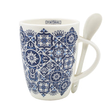 Load image into Gallery viewer, Portuguese Blue Tile Azulejo Ceramic Coffee Mug with Spoon, 12 oz.
