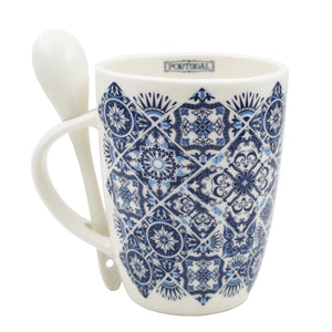 Portuguese Blue Tile Azulejo Ceramic Coffee Mug with Spoon, 12 oz.