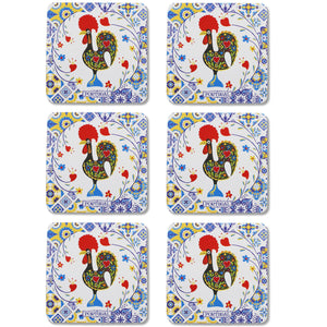 Set of 6 Portuguese Barcelos Rooster Coasters with Cork Backing, Azulejo Design