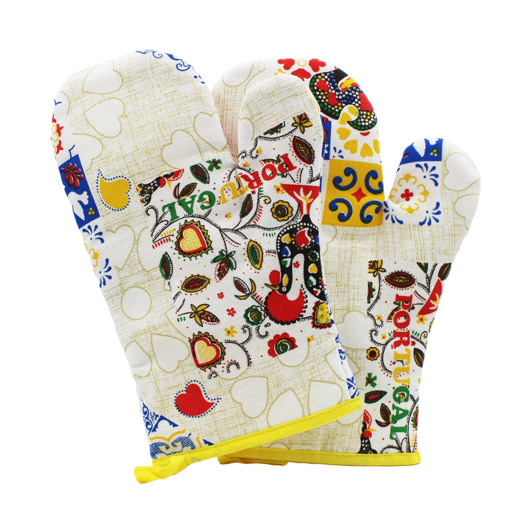 100% Cotton Portuguese Azulejo Good Luck Rooster Hearts Yellow Oven Mitt Set