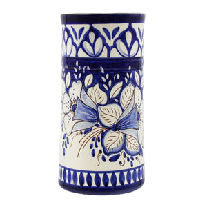 Hand Painted Terracotta Blue Floral Utensil Holder