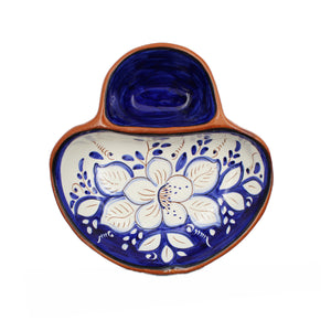 Hand-painted Portuguese Pottery Clay Terracotta Blue Floral Olive Dish