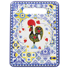 Load image into Gallery viewer, Portuguese Azulejo Blue Tile Ceramic Serving Tray with Rooster Design, Cork-Lined Pot Holder
