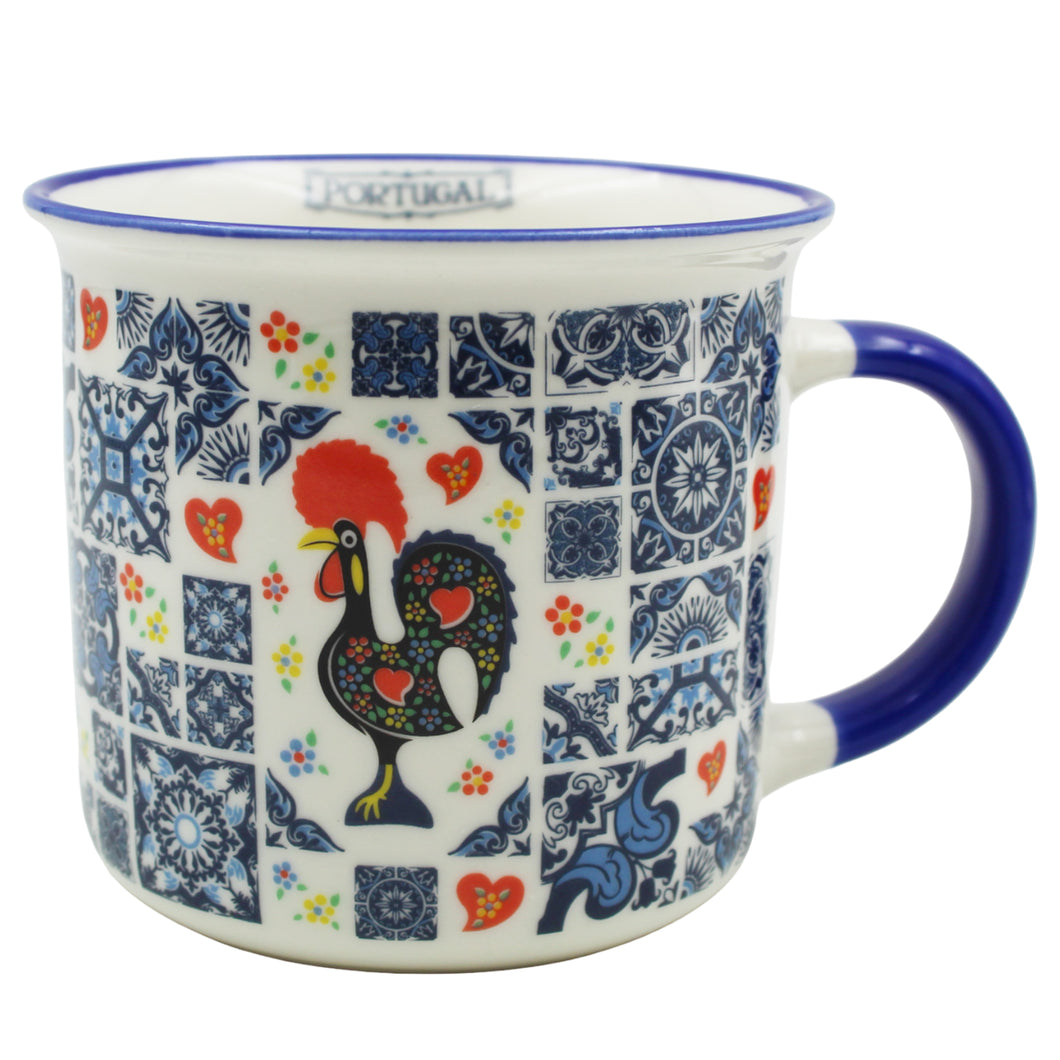 Portugal Azulejo Tile Ceramic Coffee Mug with Blue and White Pattern with Rooster Design, 12 oz.